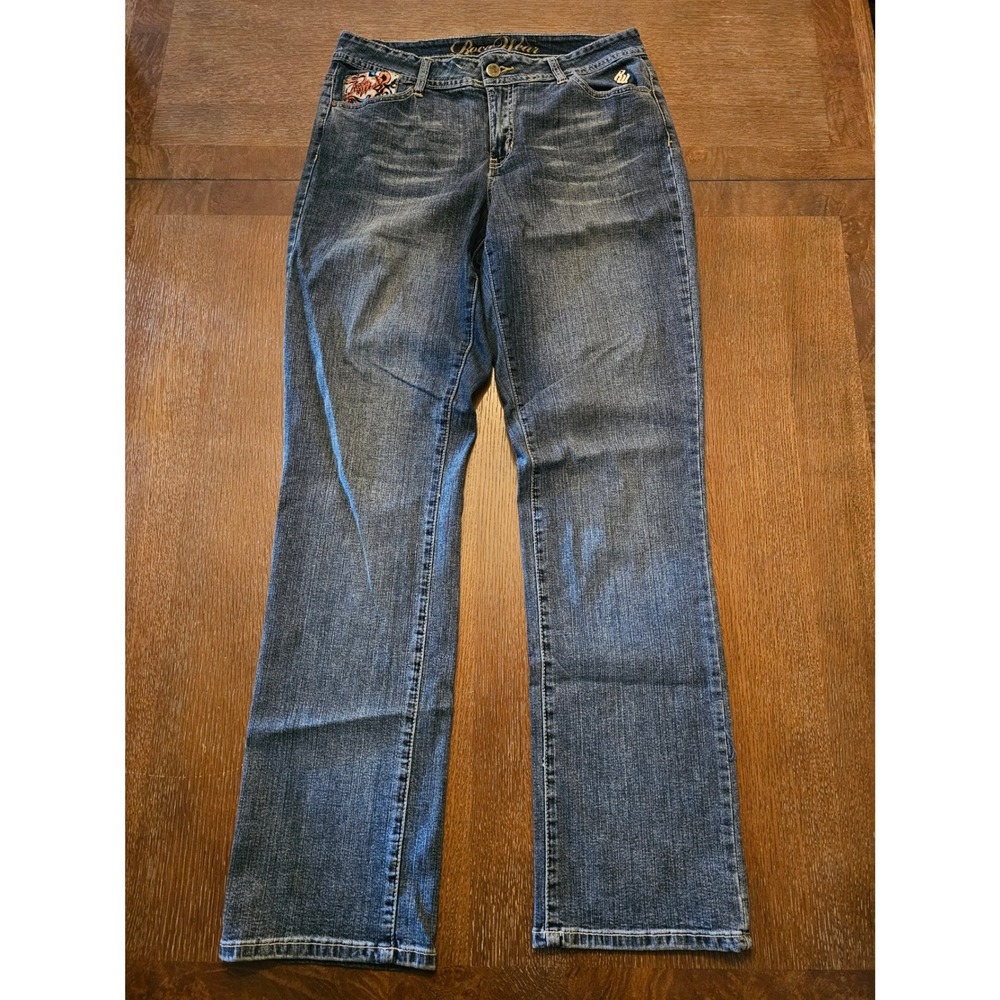 Rocawear Womens Embroidered Back Pocket Jeans Blue Denim Size 14 Y2K Streetwear